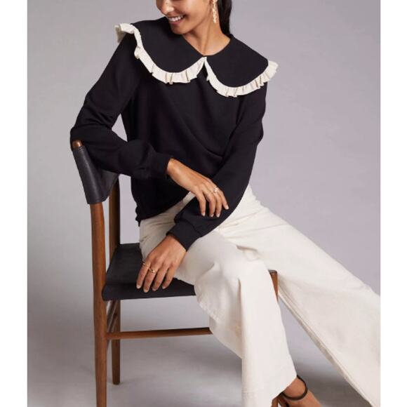 Anthro Current Air Collared Ruffle Sweatshirt Women Size Medium Black - Picture 1 of 10